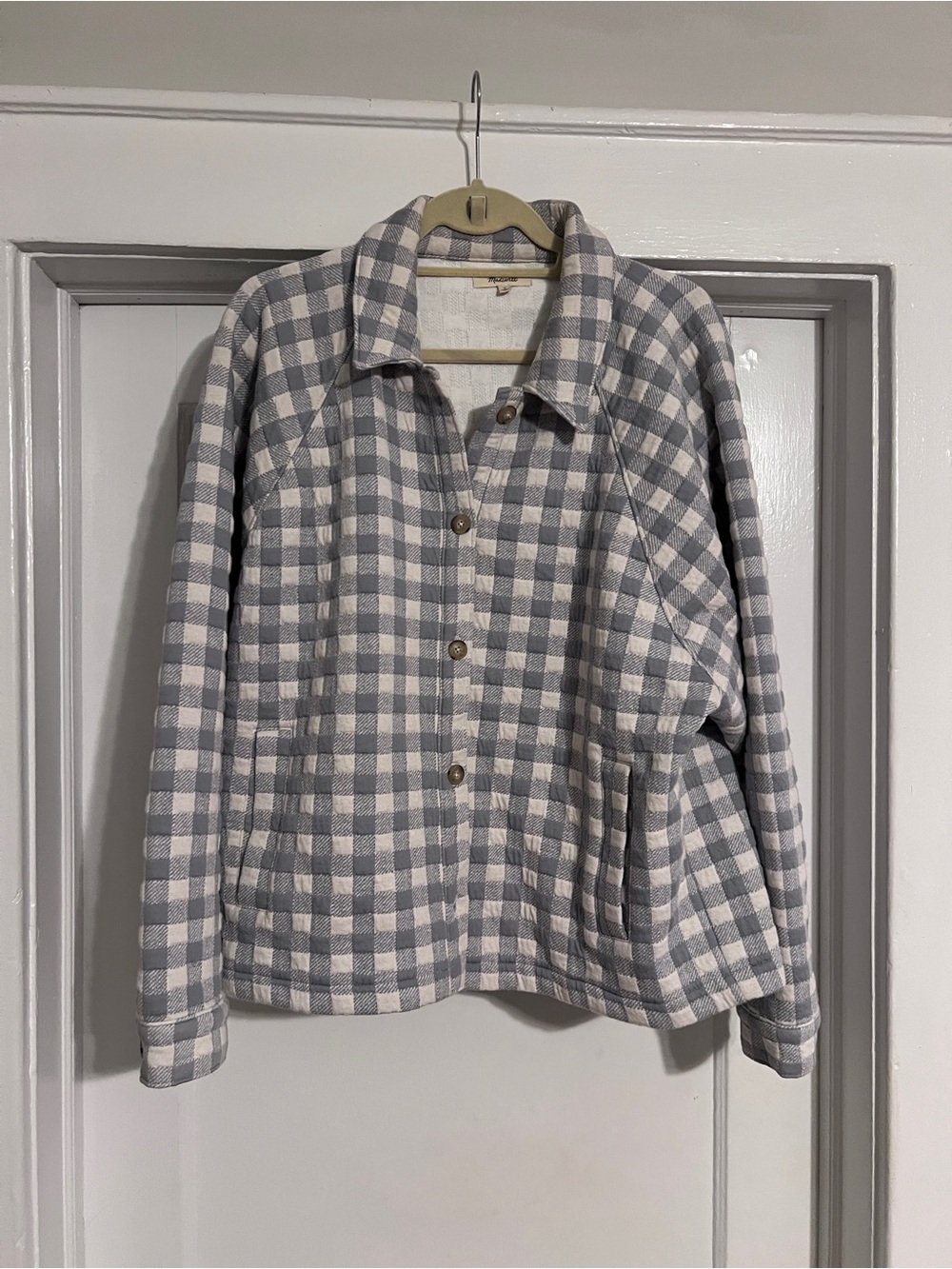 Checked Button-Front Shacket in Light Blue & Cream